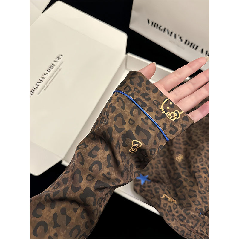 法式轻奢星星豹纹Kitty冰丝睡衣女秋季长袖长裤可外穿家居服套装