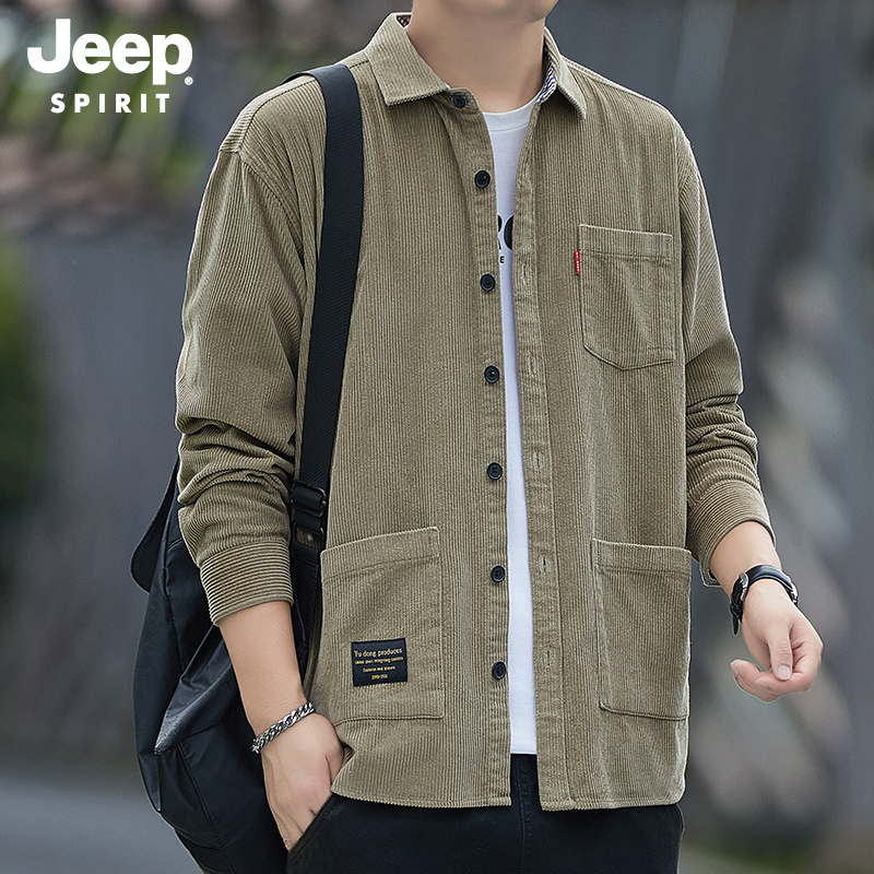 JEEPSPIRIT纯棉灯芯绒长袖衬衫男士春秋港风工装全棉衬衣外套大码