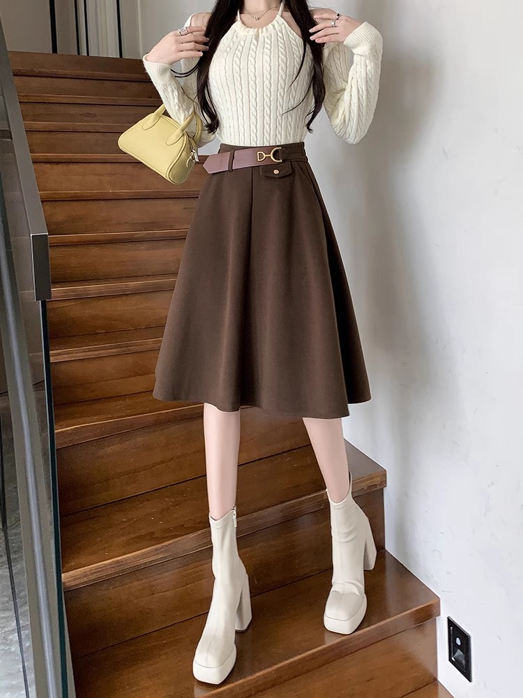 赫本风伞裙咖色毛呢半身裙女秋冬新款中裙到膝盖高腰a字气质裙子