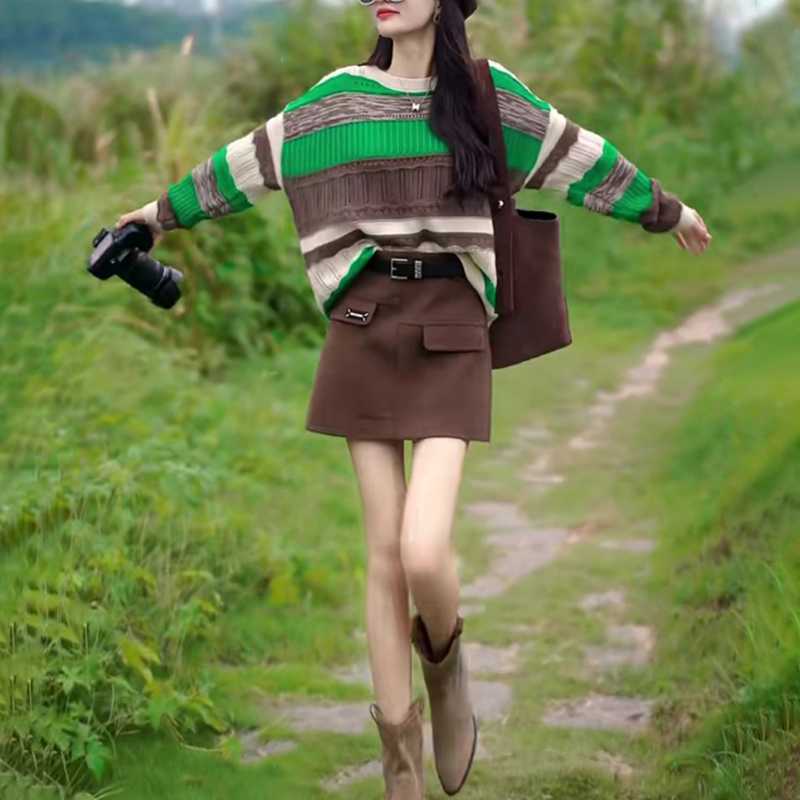 M061+2908时尚新款韩系慵懒风撞色针织套装