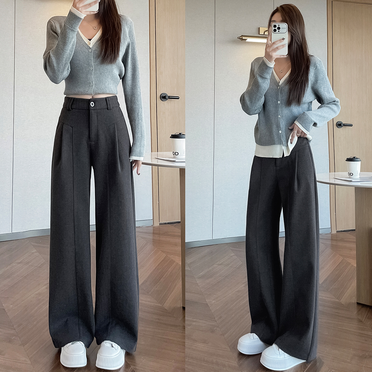 毛呢裤女小个子休闲裤秋季新款灰色显瘦直筒裤窄版高腰阔腿裤加绒