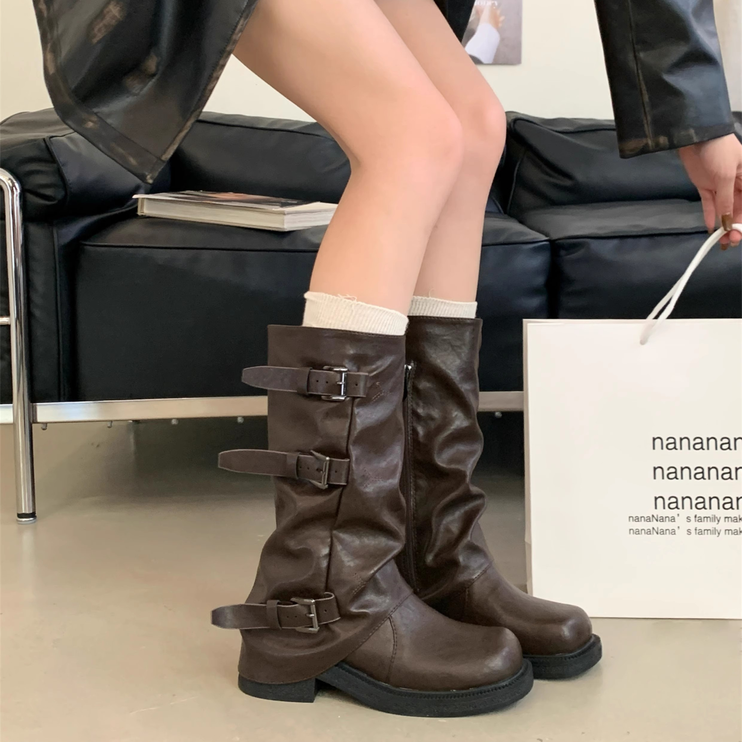 皮带扣褶皱厚底中筒靴女2025秋冬季新款爆款裤管ins潮棕色西部靴