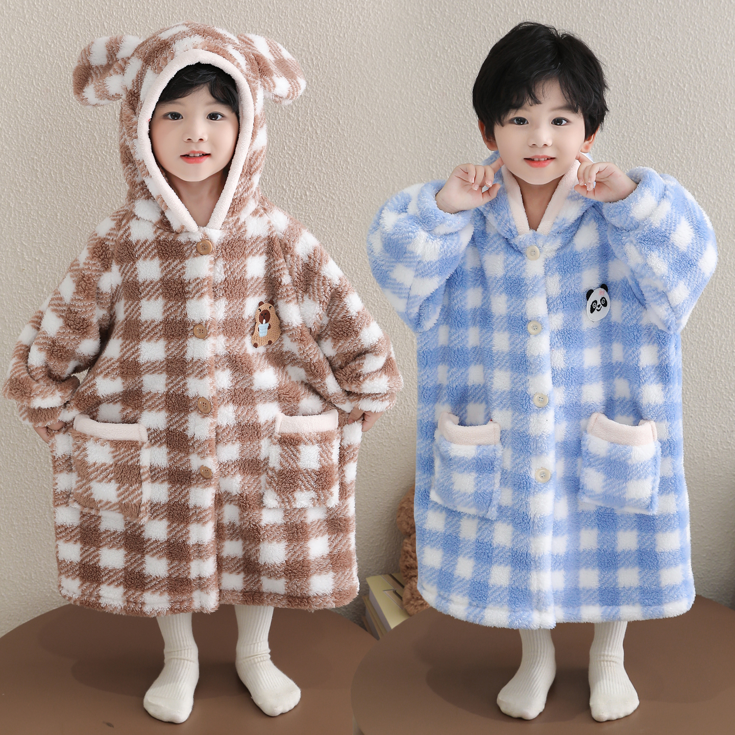 儿童浴袍珊瑚绒秋冬季男宝宝连帽睡袍法兰绒格子浴巾男童冬款浴衣