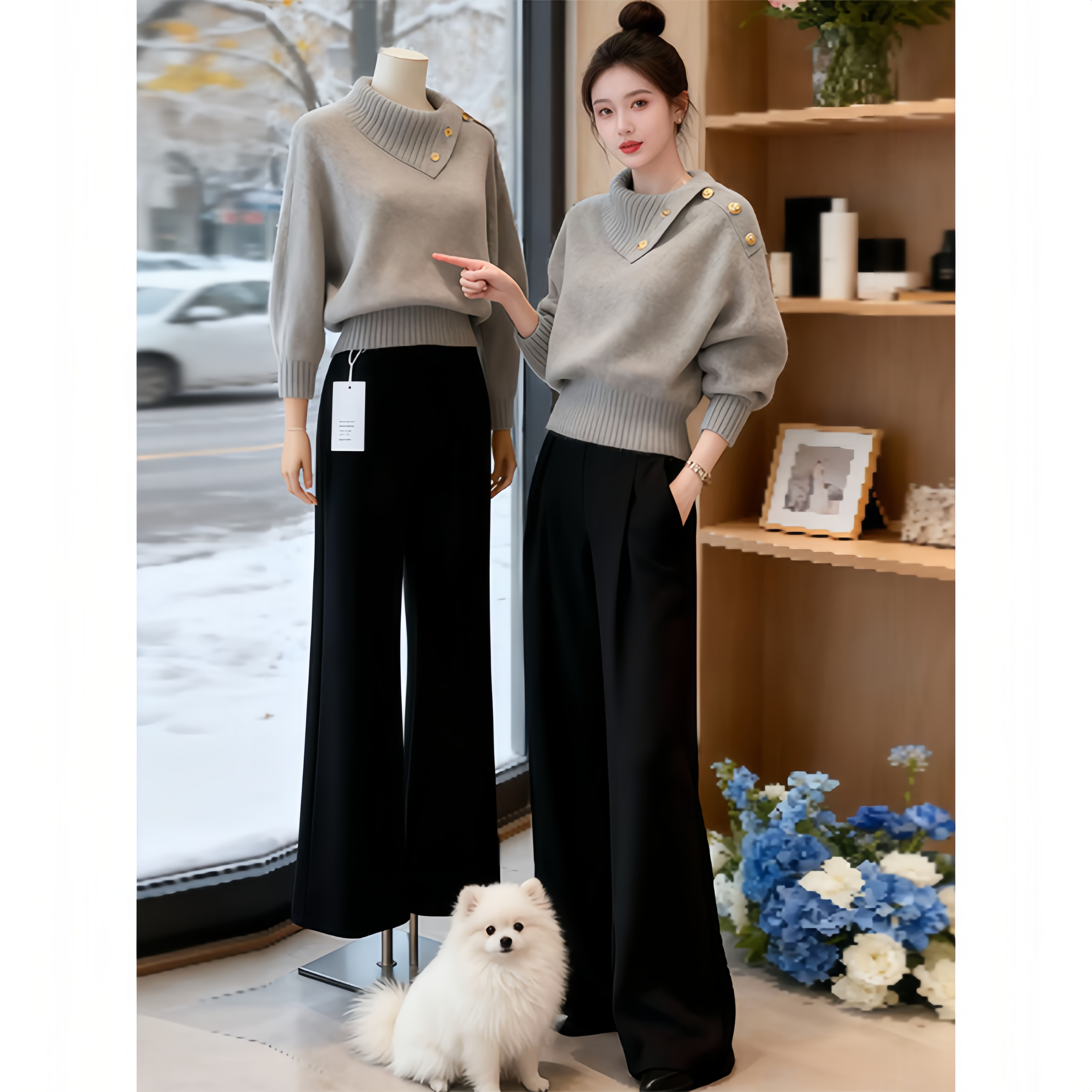 香朵儿潮流设计款针织衫女爆款秋冬季时髦落肩袖气质翻领毛衣