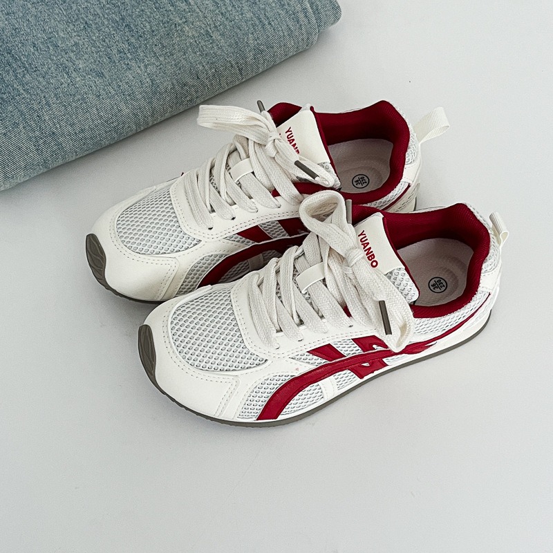 米红色网面德训鞋女2025秋季新款透气增高软底舒适百搭休闲阿甘鞋