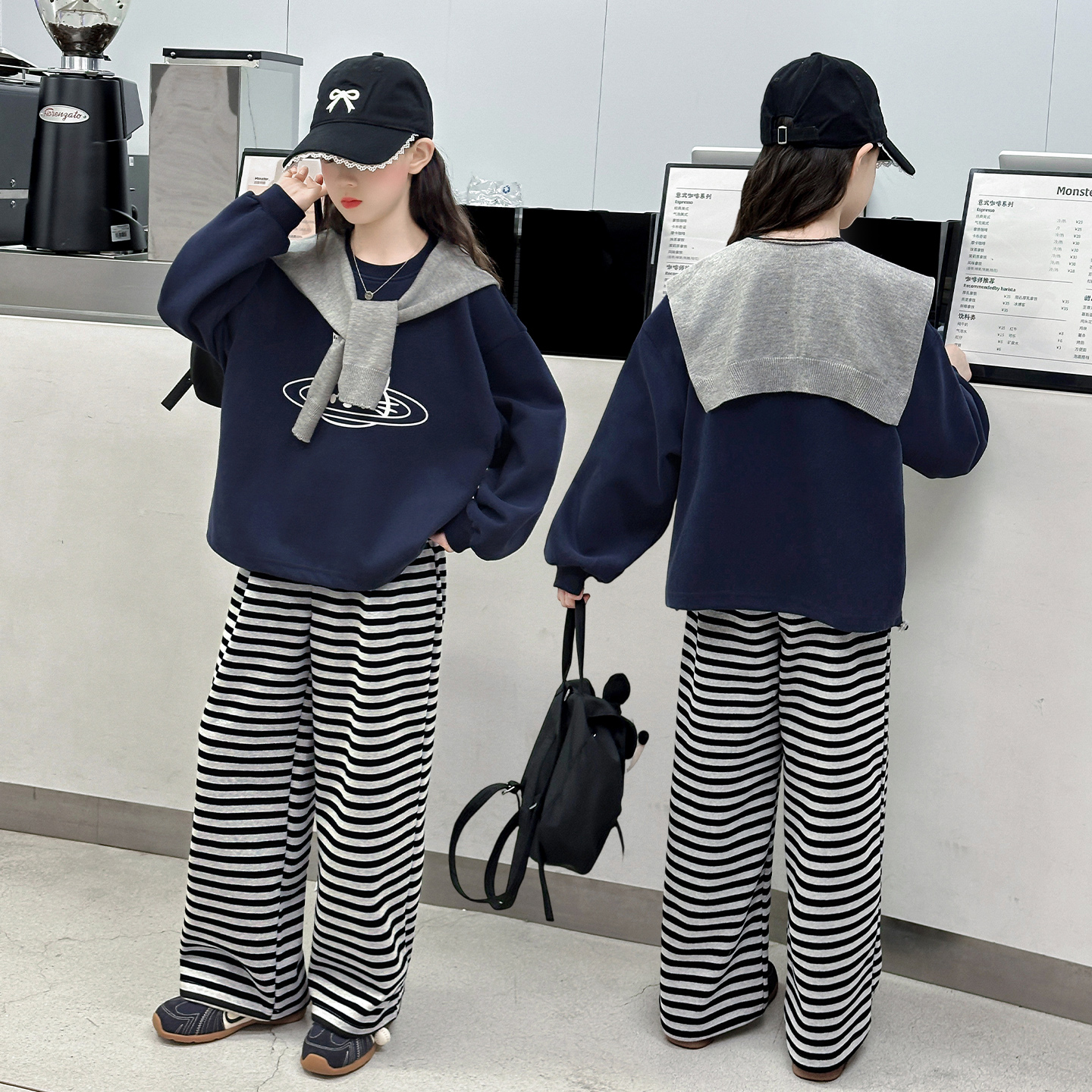 女童秋装套装2025新款儿童洋气披肩卫衣女大童春秋季运动三件套潮