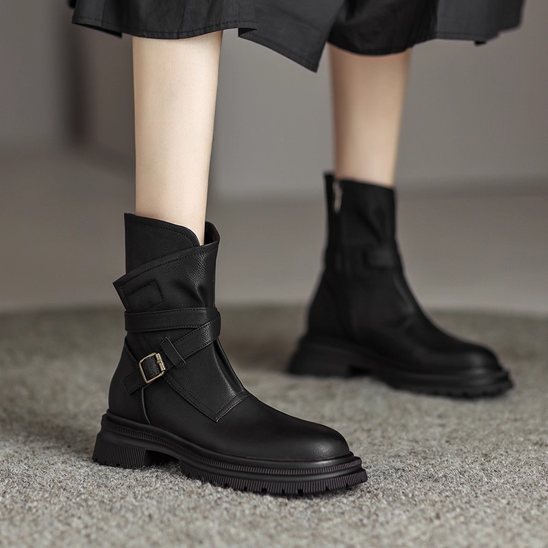 粗跟圆头厚底牛仔靴女2025今年新款秋冬百搭美拉德流行中筒短靴女