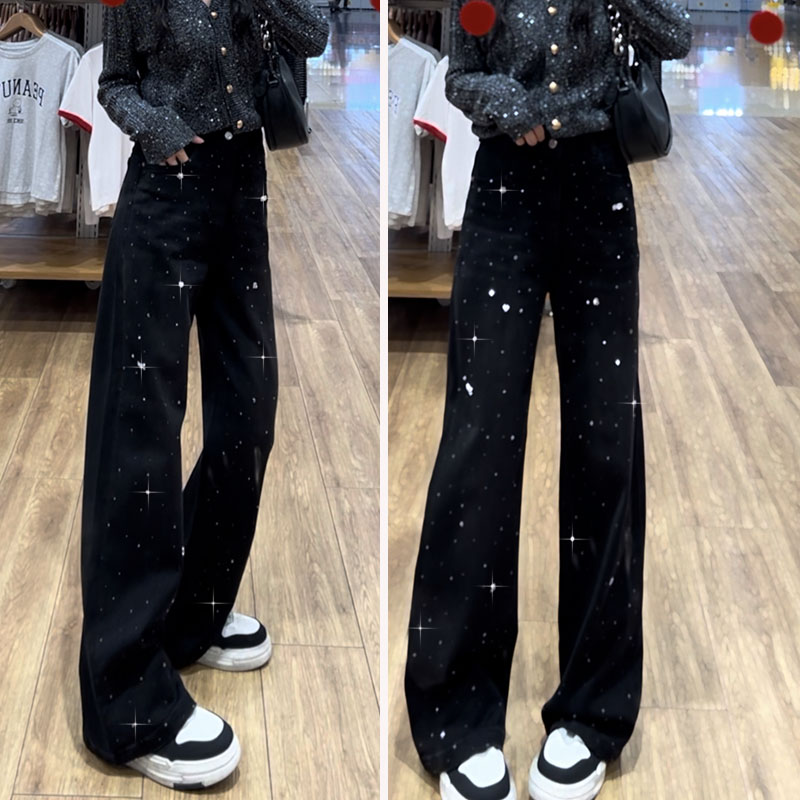 黑色窄版直筒裤设计感烫钻牛仔裤女秋冬宽松显瘦弹力垂感拖地裤子