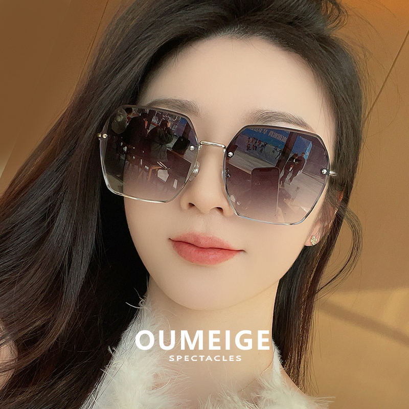无框渐变色墨镜女款高级感2025新款大脸显瘦方圆脸太阳镜可配近视