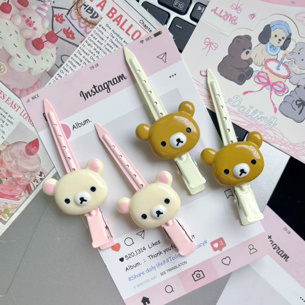 学院风轻松小熊发夹甜美无痕一字定位夹刘海边夹侧边发卡化妆夹