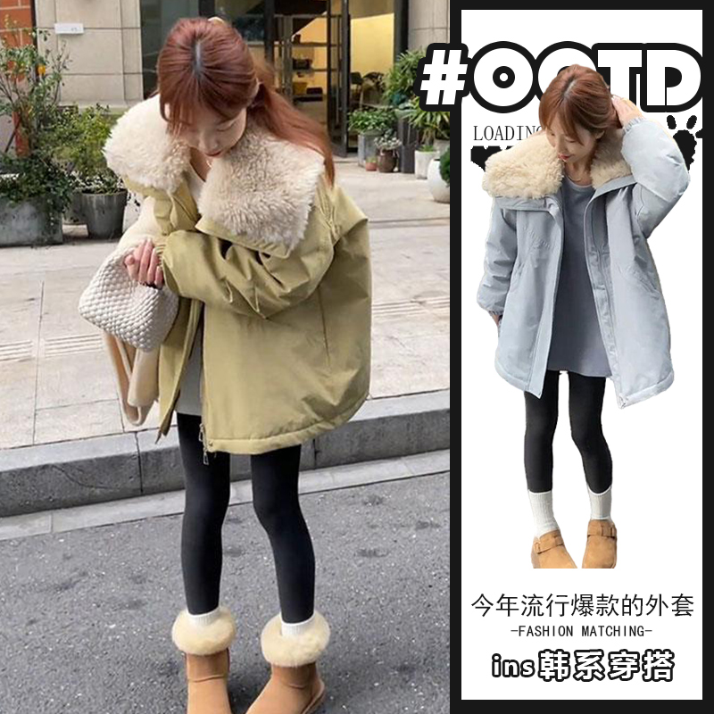 复古休闲百搭拼接羊羔翻领派克服2025冬季加厚保暖冲锋衣棉服外套