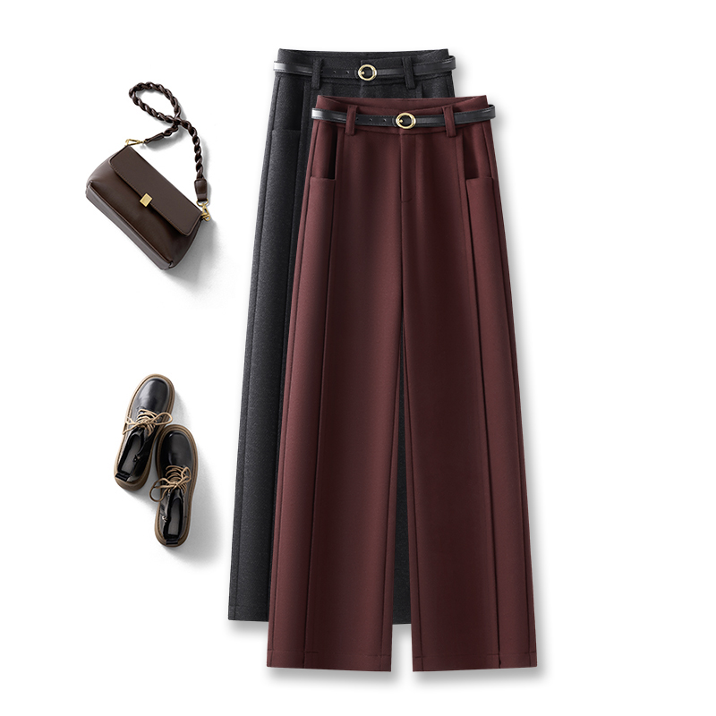 拉夏贝尔安可拉红阔腿裤女秋冬季2024新款垂感百搭休闲毛呢直筒裤