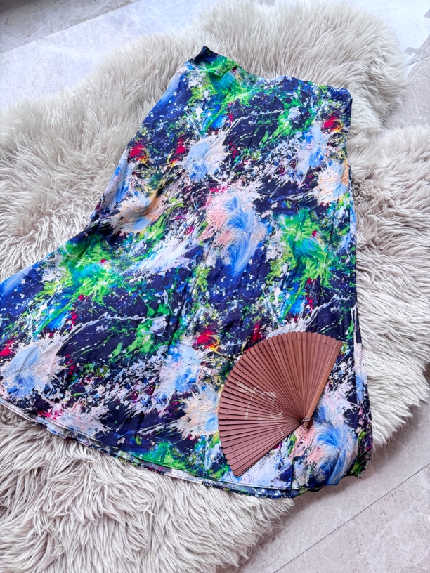 夏季女士气质通勤渐变色印花中长款桑蚕丝半身裙