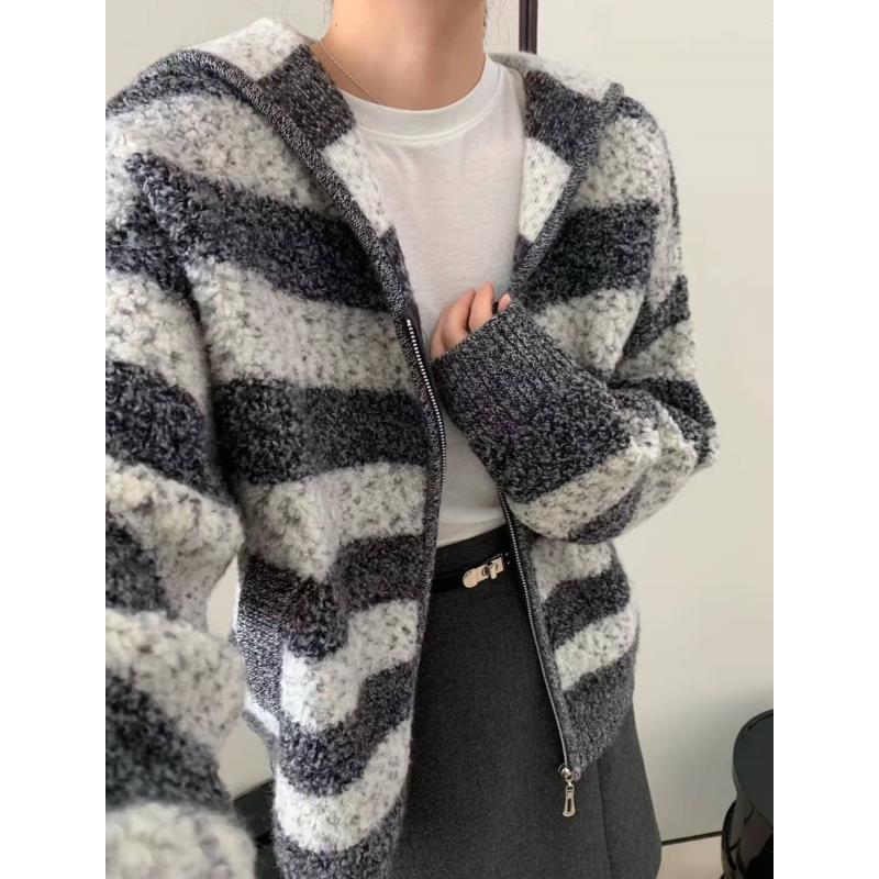 【宽条撞色帽衫】圈圈绒加厚！条纹连帽时尚慵懒拉链针织开衫女毛衣