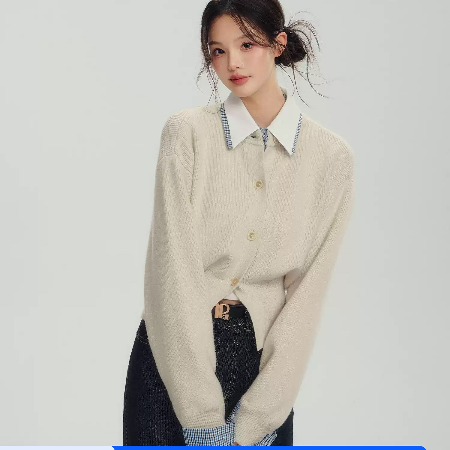溪溪靓衫假两件衬衫领针织衫毛衣女2025年早秋季穿搭收腰上衣