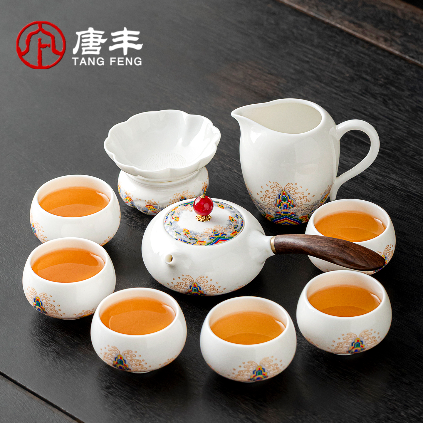 唐丰白瓷泡茶专用功夫茶具套装家用高档海水江崖防烫侧把茶壶茶杯