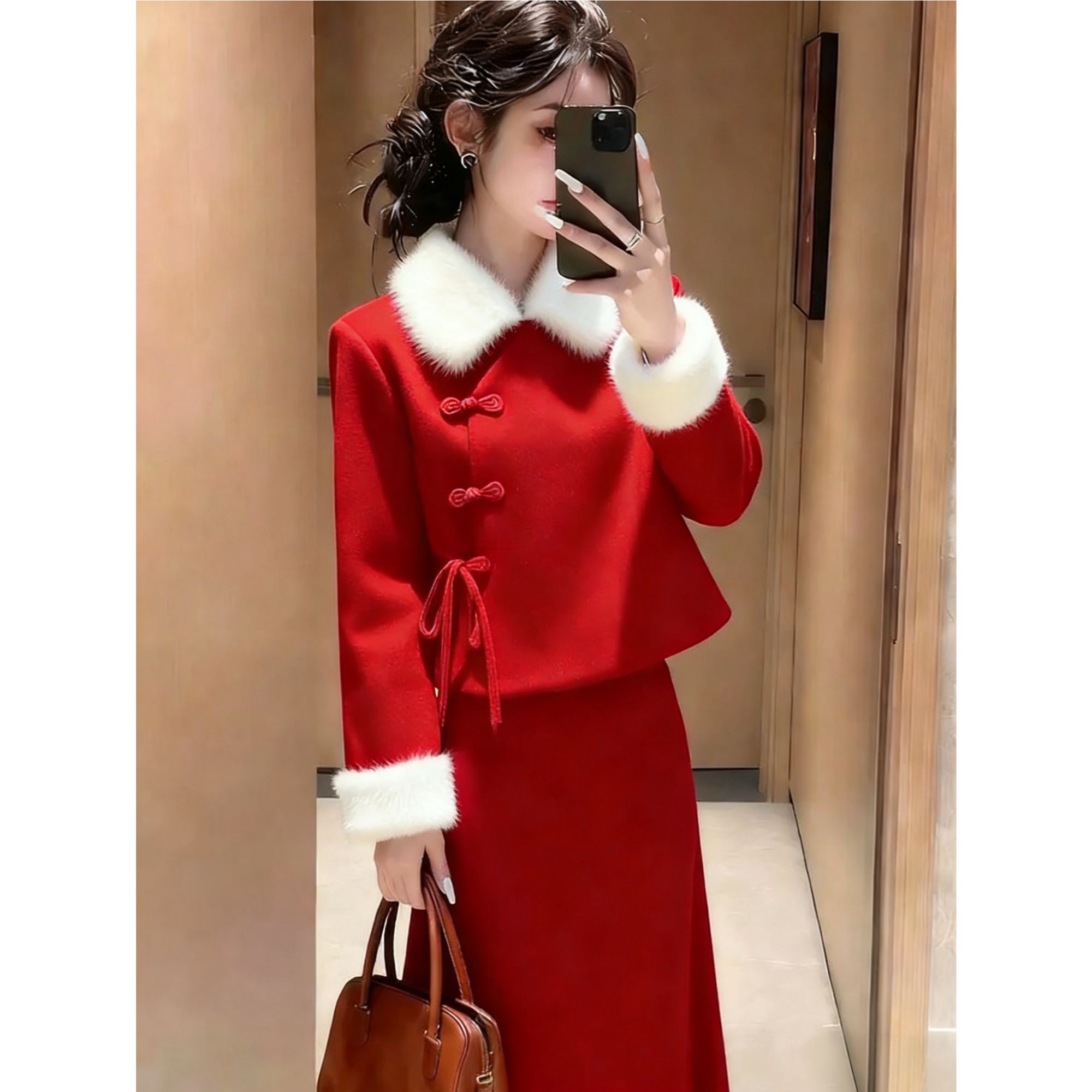 新中式优雅气质两件套装女2026新款加棉斜襟盘扣上衣气质半身裙女