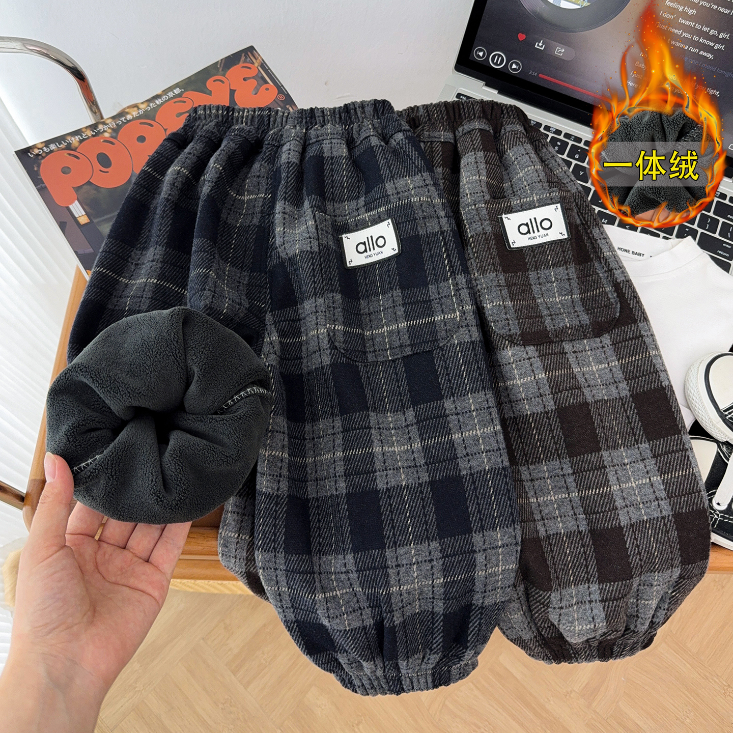 儿童秋冬加绒裤2025新款格子裤子男童一体绒长裤中小童外穿保暖裤