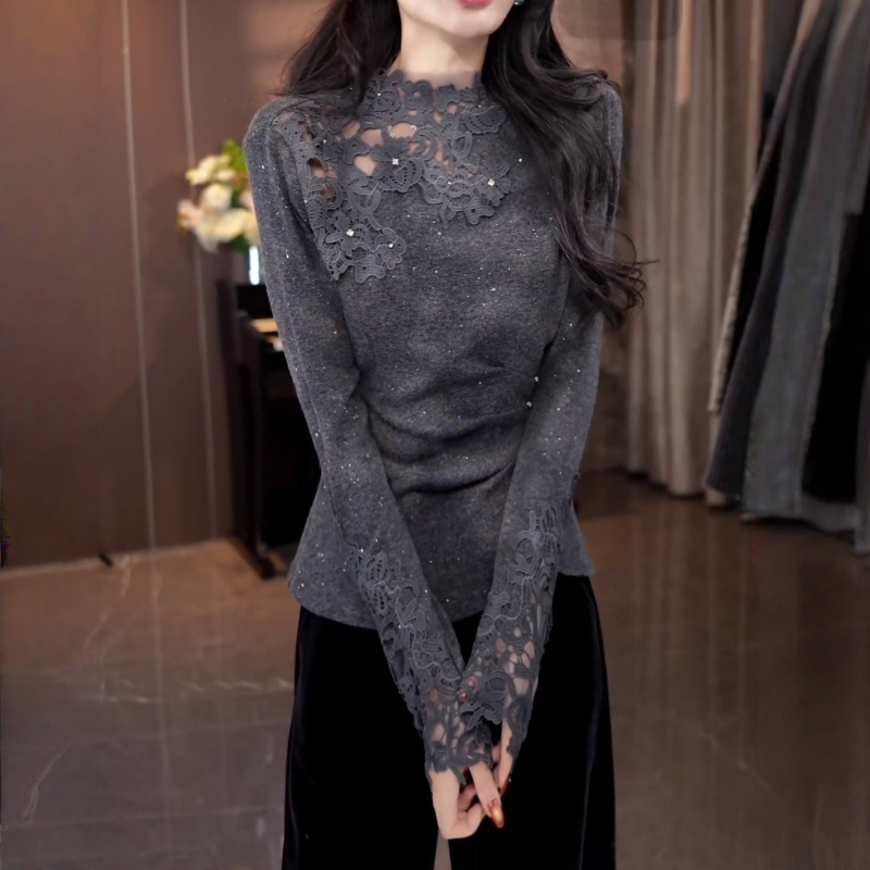 法式镂空拼接半高领T恤打底衫女秋冬款时尚洋气收腰显瘦内搭上衣