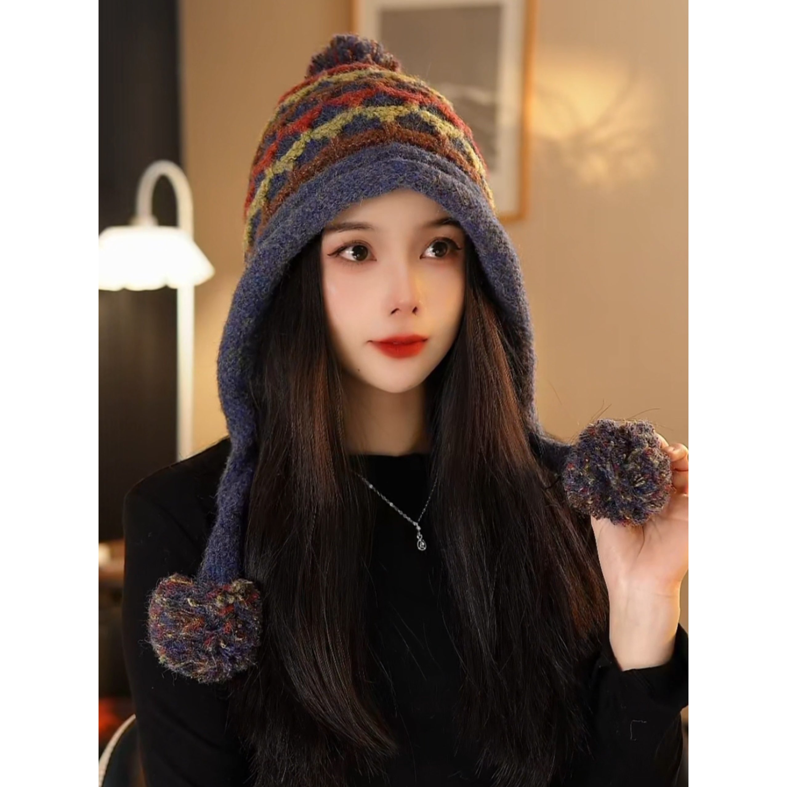 帽子女冬季保暖毛线帽民族风女秋冬流苏冷帽波西米亚风套头针织帽