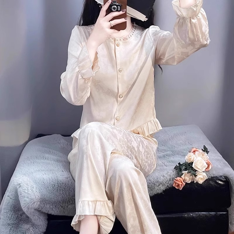 tpvl2025新款水光绸法式宫廷风睡衣女春秋提花杏色长袖家居服甜美