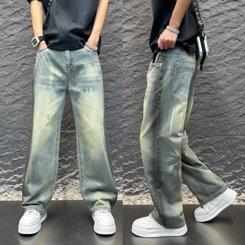 2025春季新款男士直筒牛仔裤阔脚渐层做旧休闲裤时尚宽松男裤长裤