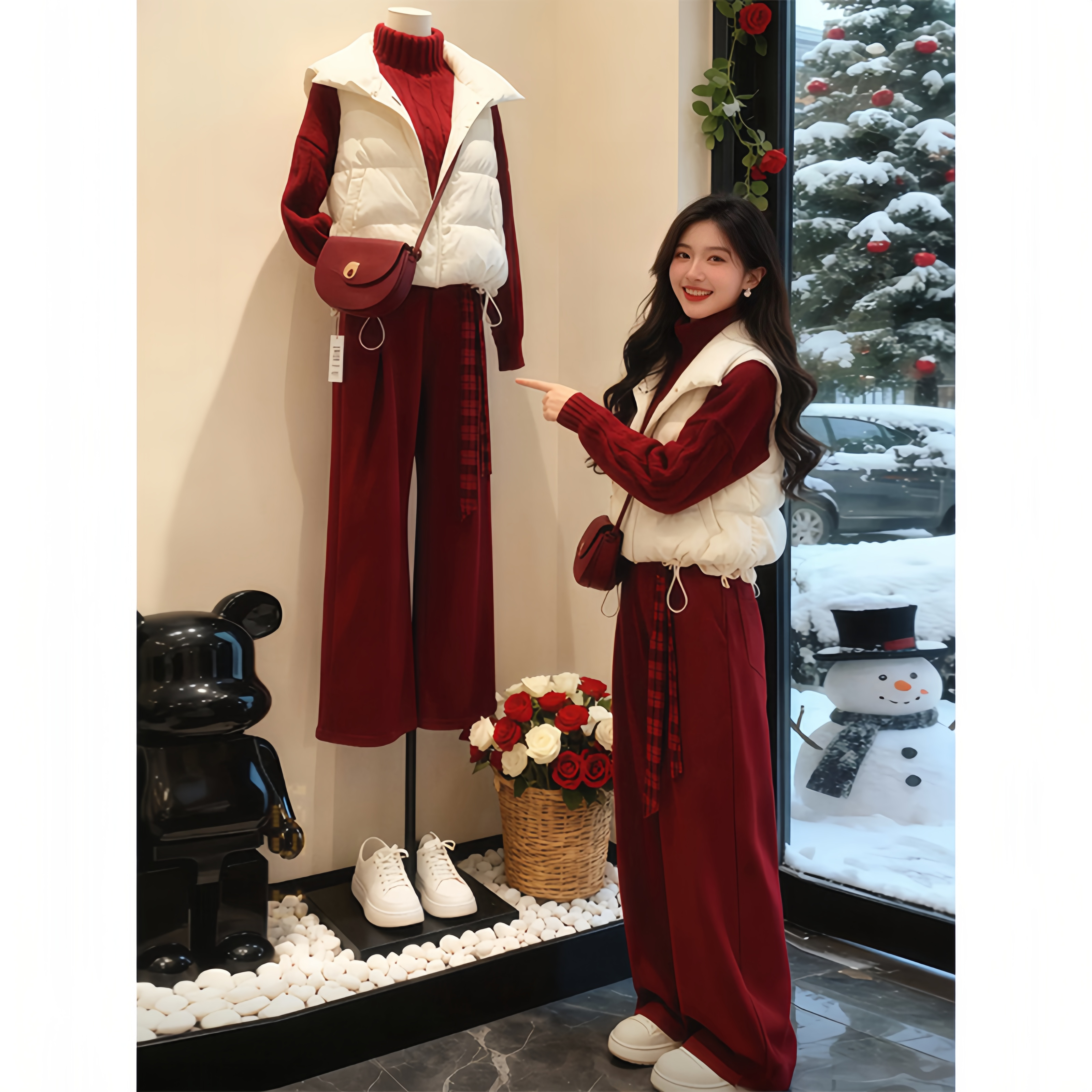 冬季时尚套装女2025新款学院风棉服针织上衣阔腿裤三件套秋冬气质