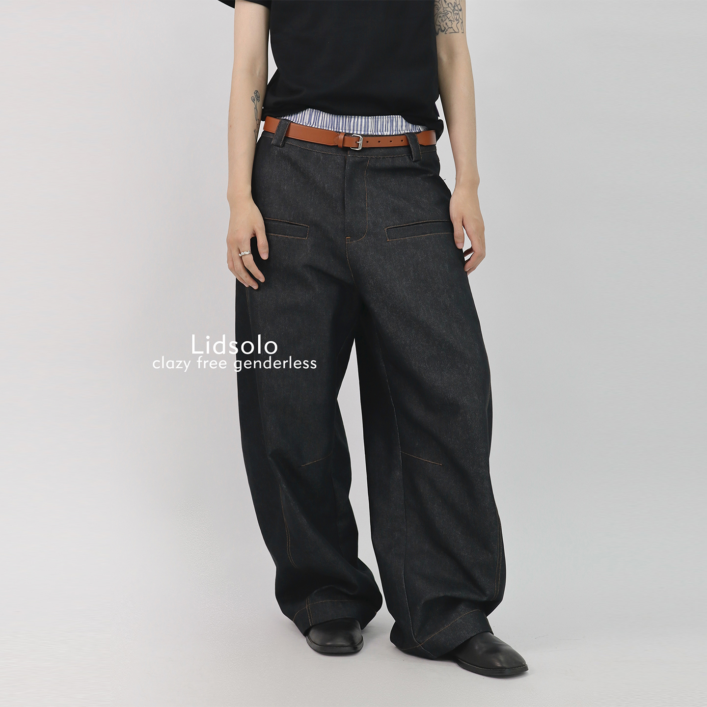 Lid solo【设计师款】插袋弯刀仿牛仔休闲裤明线拼接分割长裤