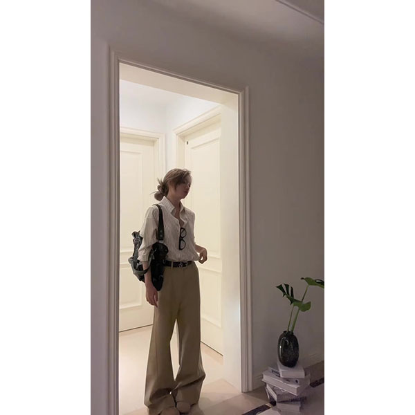 法式复古条纹衬衫女秋季新款小众衬衣气质通勤长袖上衣裤子套装