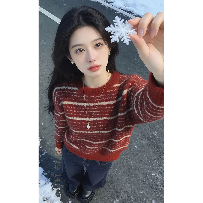 兹伊翰【浪漫雪花】时尚宽松撞色条纹针织衫女2025冬季新款洋气毛衣