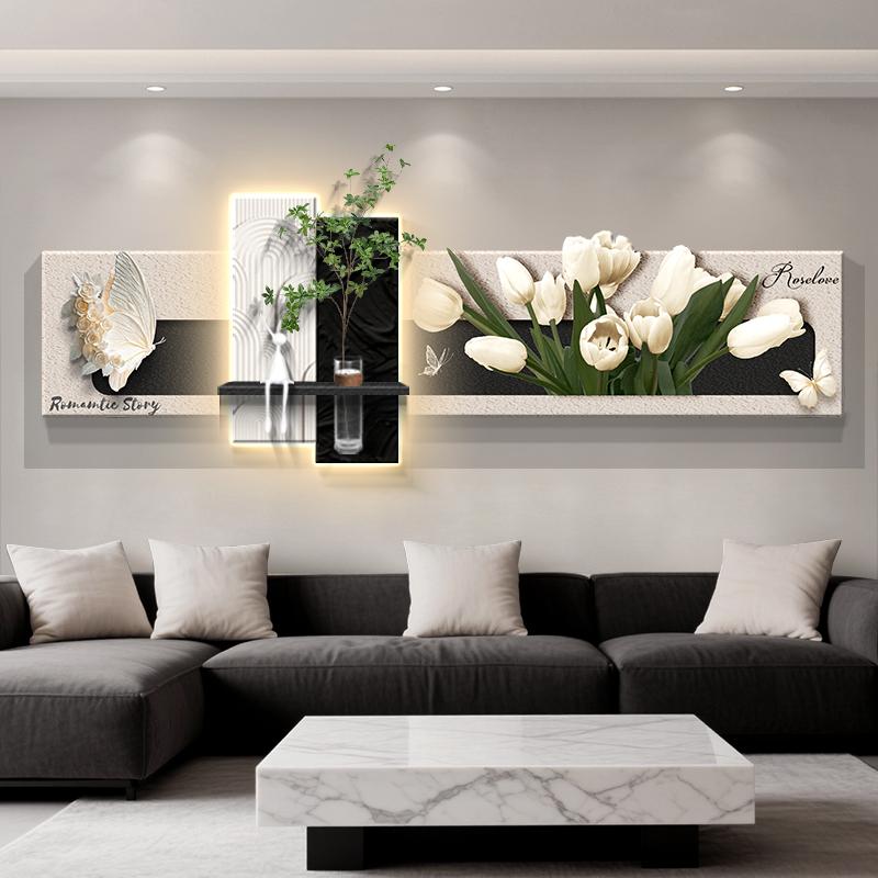 现代简约客厅装饰画水培绿植高级感壁画黑白蝴蝶沙发背景墙挂画花