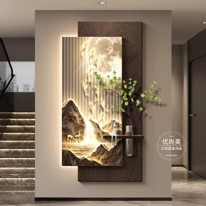 聚宝盆山水画入户正对门玄关装饰画高级感LED灯画月球九鱼图挂画
