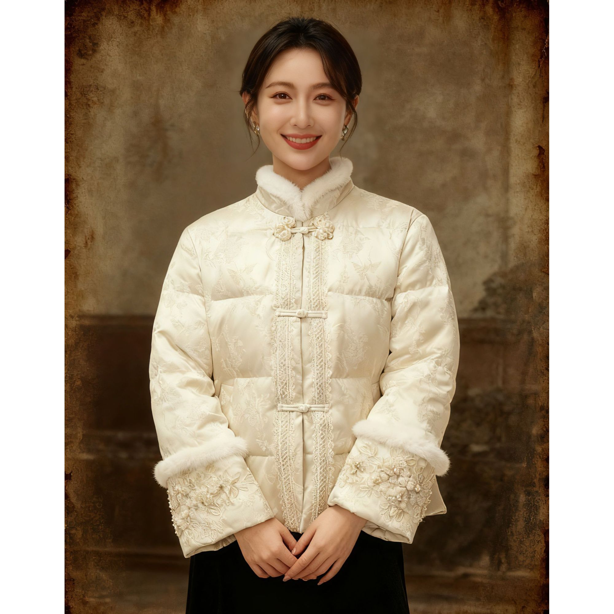 2025新款国风盘扣白鸭羽绒服重工亮片袖立领仿水貂毛百搭气质女装