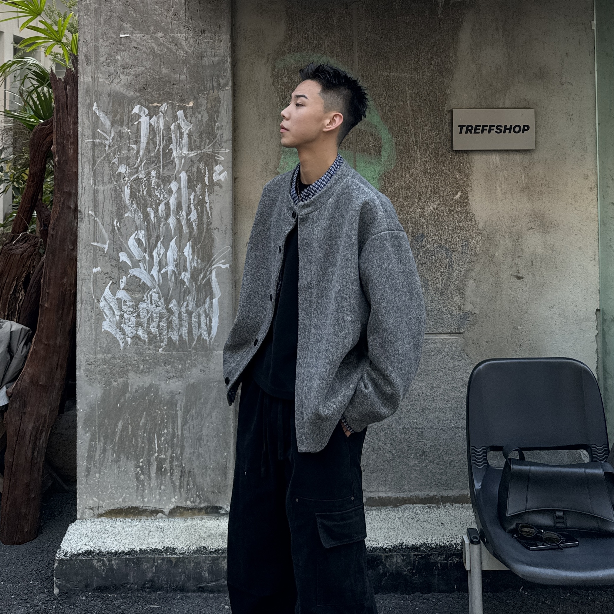 【BH】studio秋冬假两件拼接圆领长袖毛衣衬衫男女老钱风开衫外套