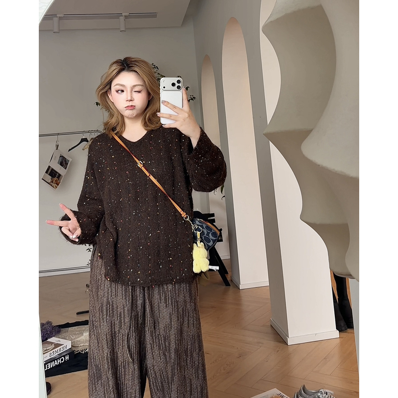 【瘦瘦】糖渍琥珀-大码圆领羊毛慵懒氛围百搭宽松套头毛衣F0052