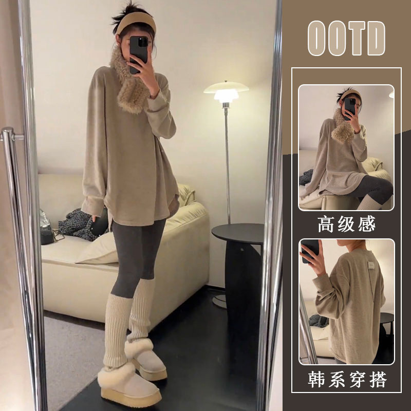 女2025冬季新款简约百搭法式慵懒风软糯长袖上衣灰色鲨鱼裤两件套