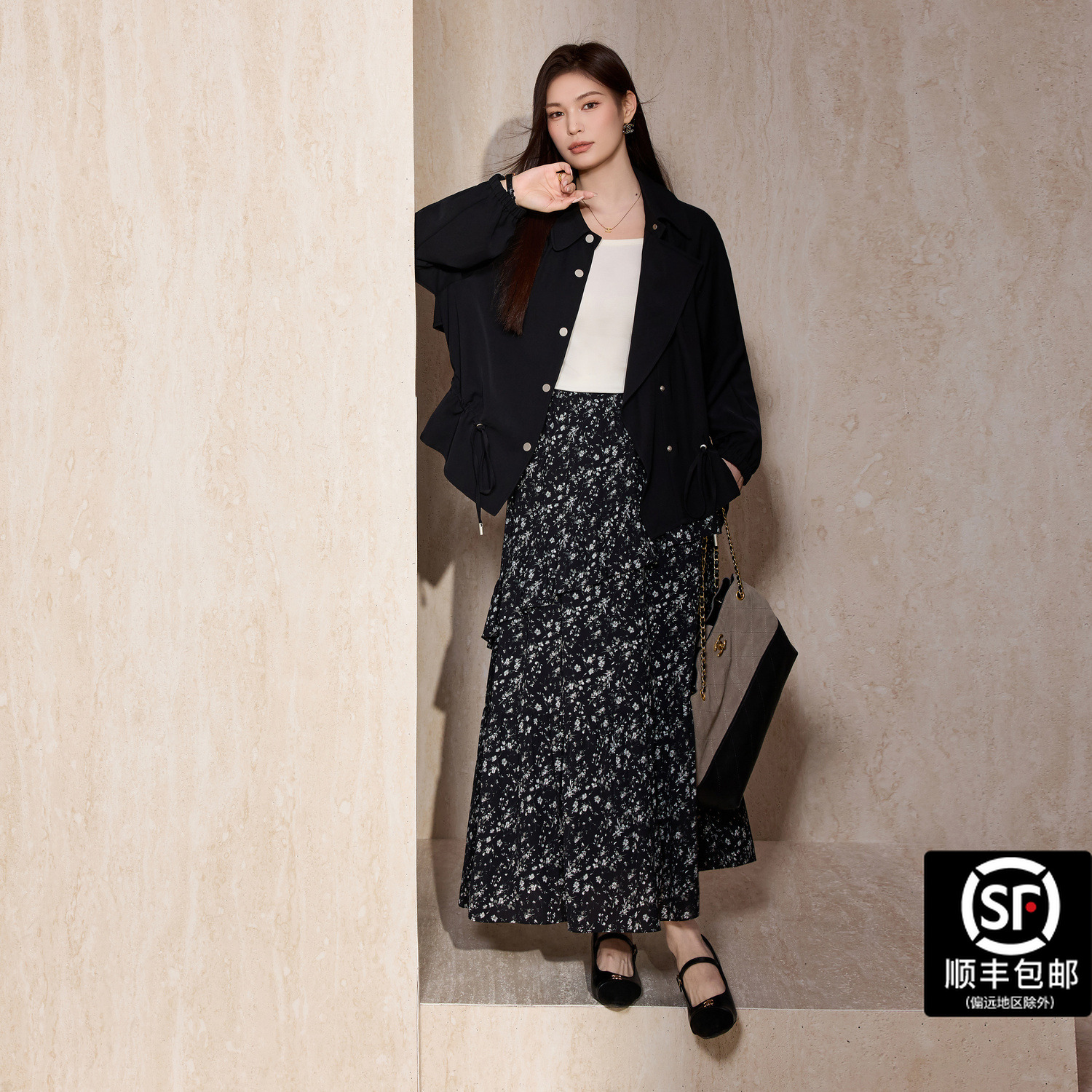 蓝语大码女装荷叶边设计黑色短款风衣薄外套2025秋新款半身裙套装