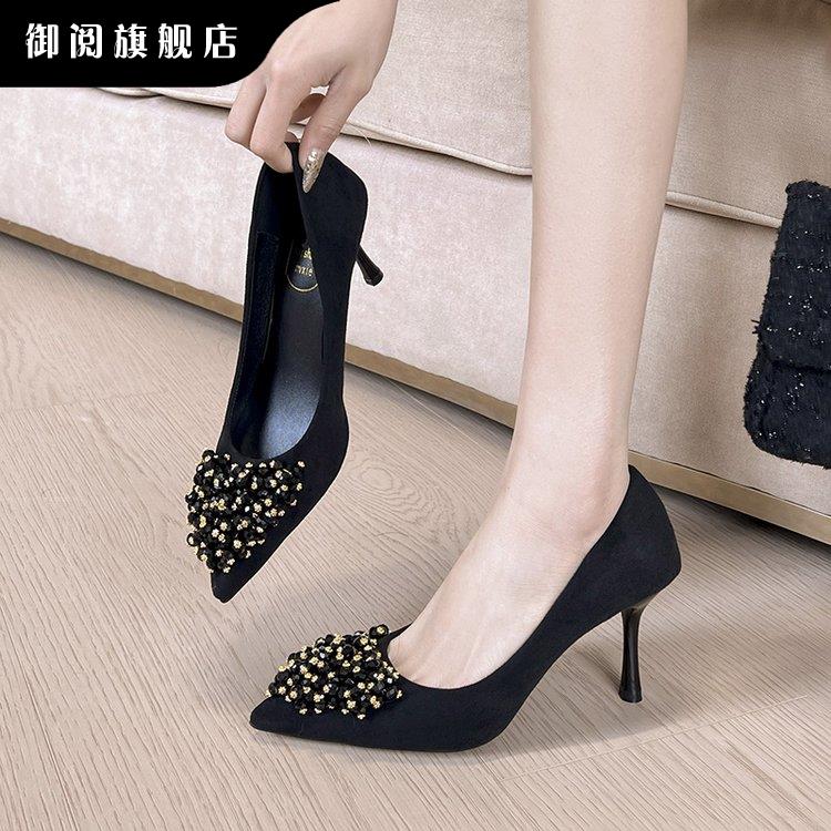 御阅新款莱茵石黑色性感不累高跟鞋女士细跟尖头气质通勤新潮流