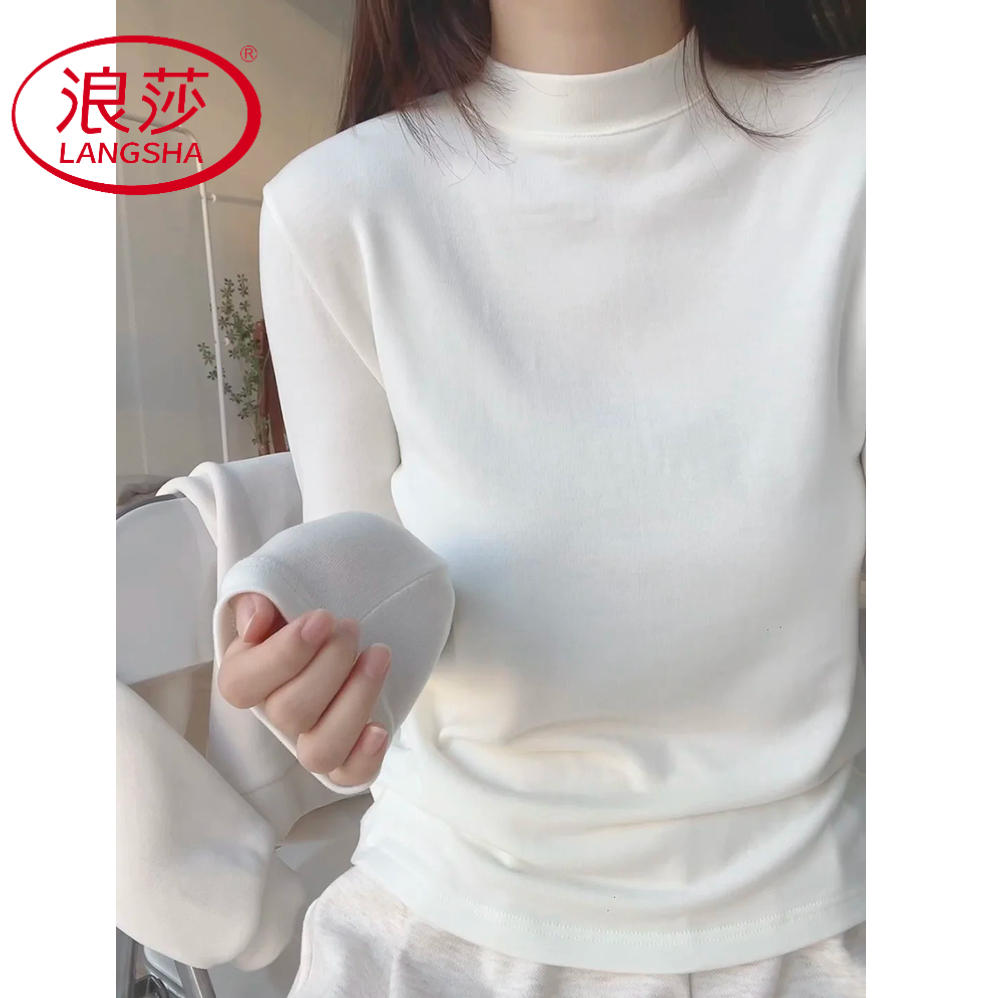 浪莎白色小立领打底衫女秋冬天德绒保暖内搭修身正肩长袖T恤上衣
