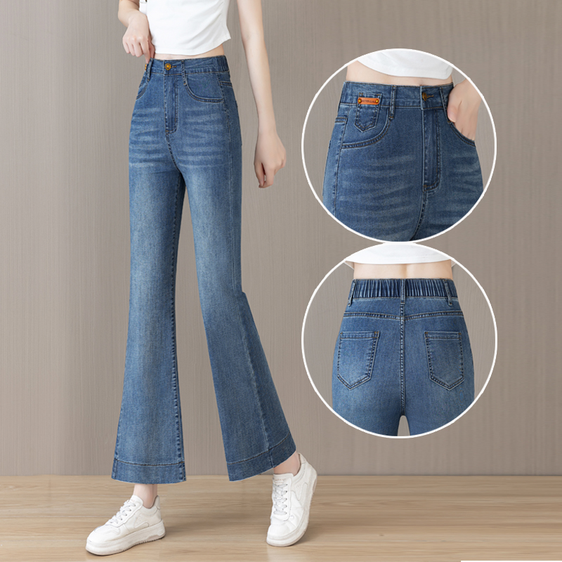 微喇牛仔裤女夏季薄款2025新款高腰弹力松紧显瘦小个子九分喇叭裤