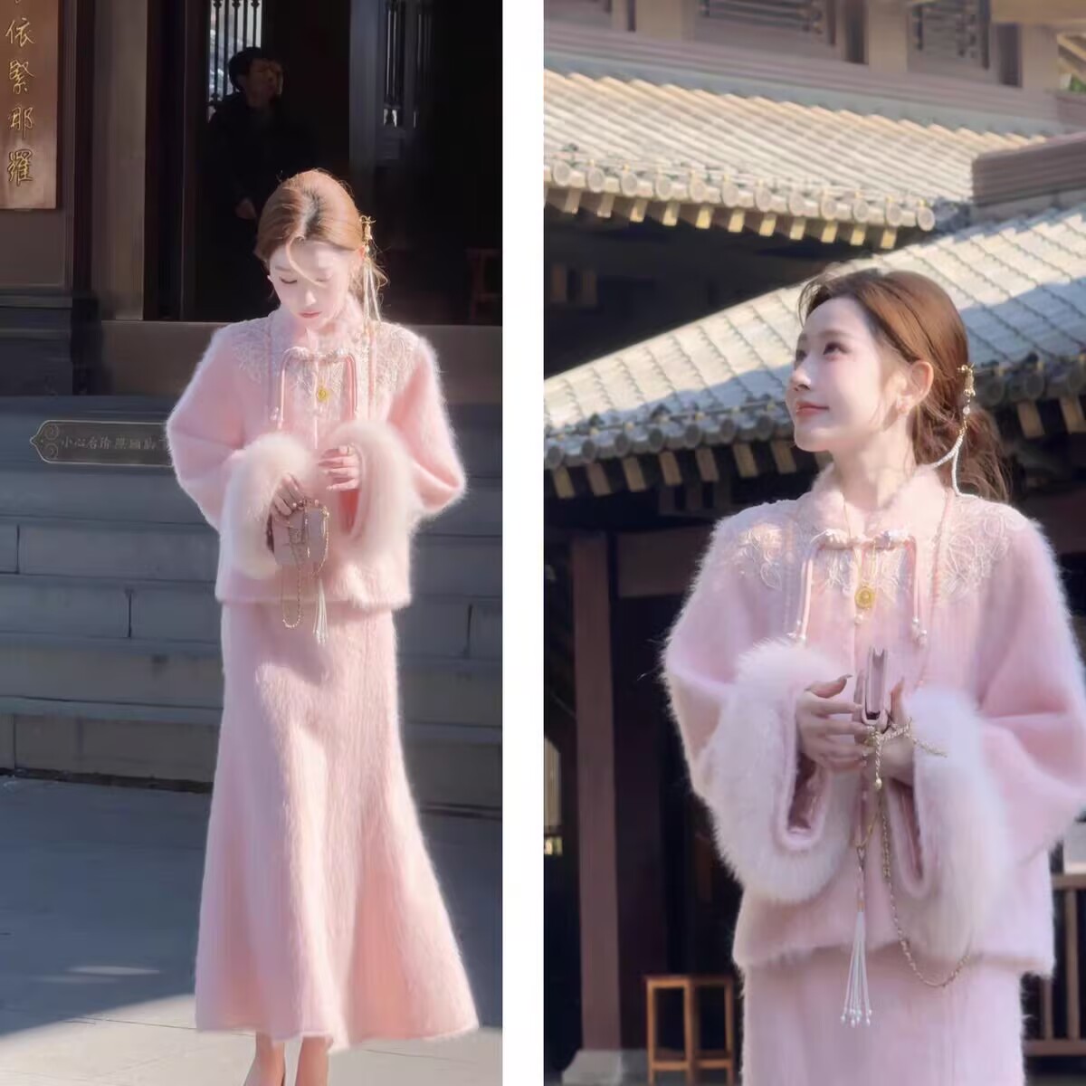 婷婷梦回千年•花香之色 定染拉绒粉国风套装8297娇