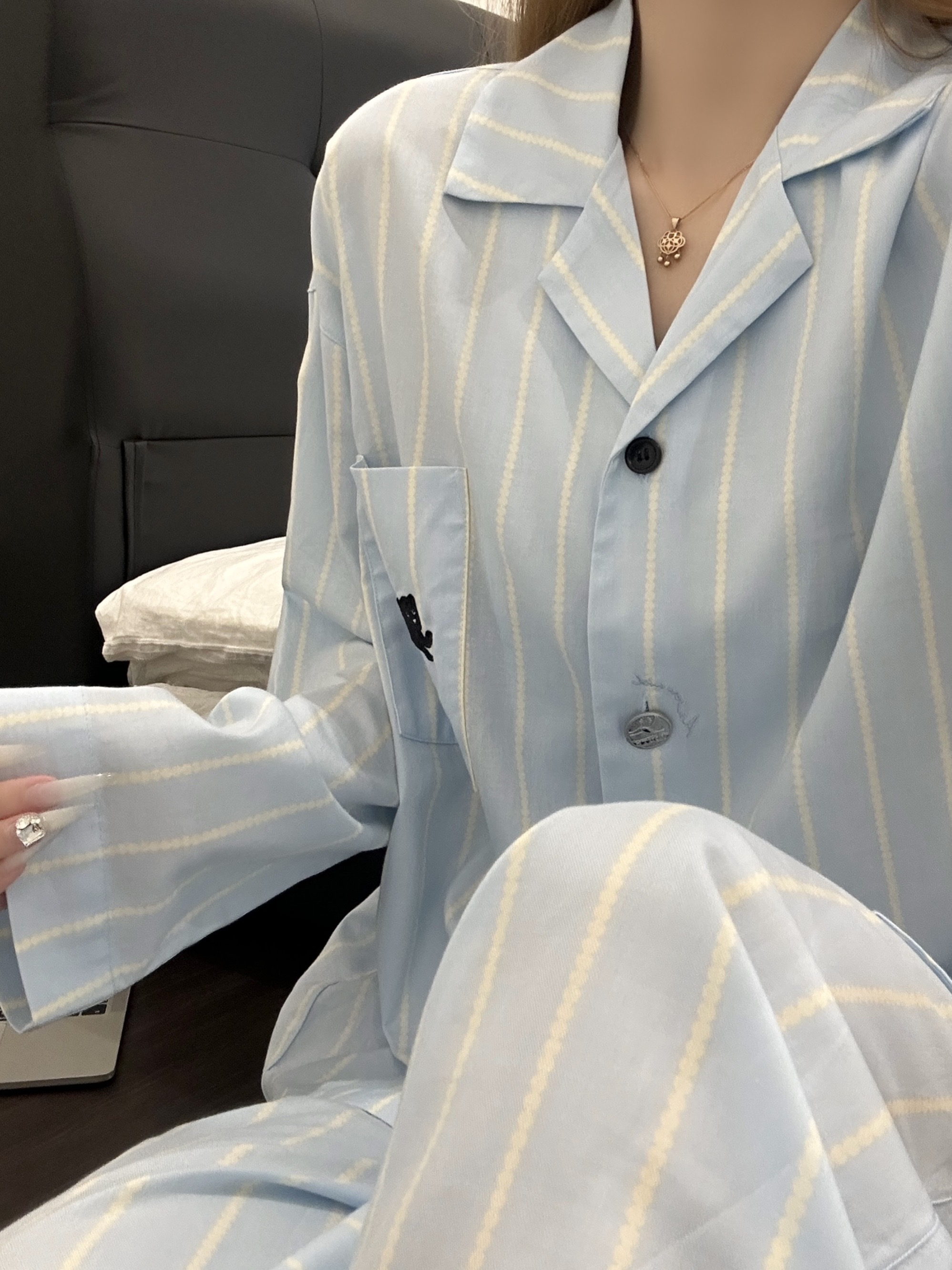 韩系小猫印花拼接条纹设计感春秋季女款休闲宽松睡衣