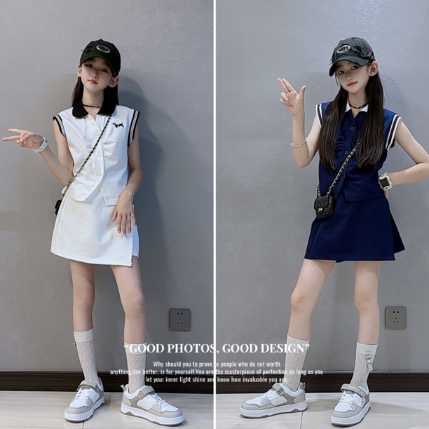 女童夏装2025新款中大童女孩时尚洋气运动无袖刺绣POLO衫裙套装