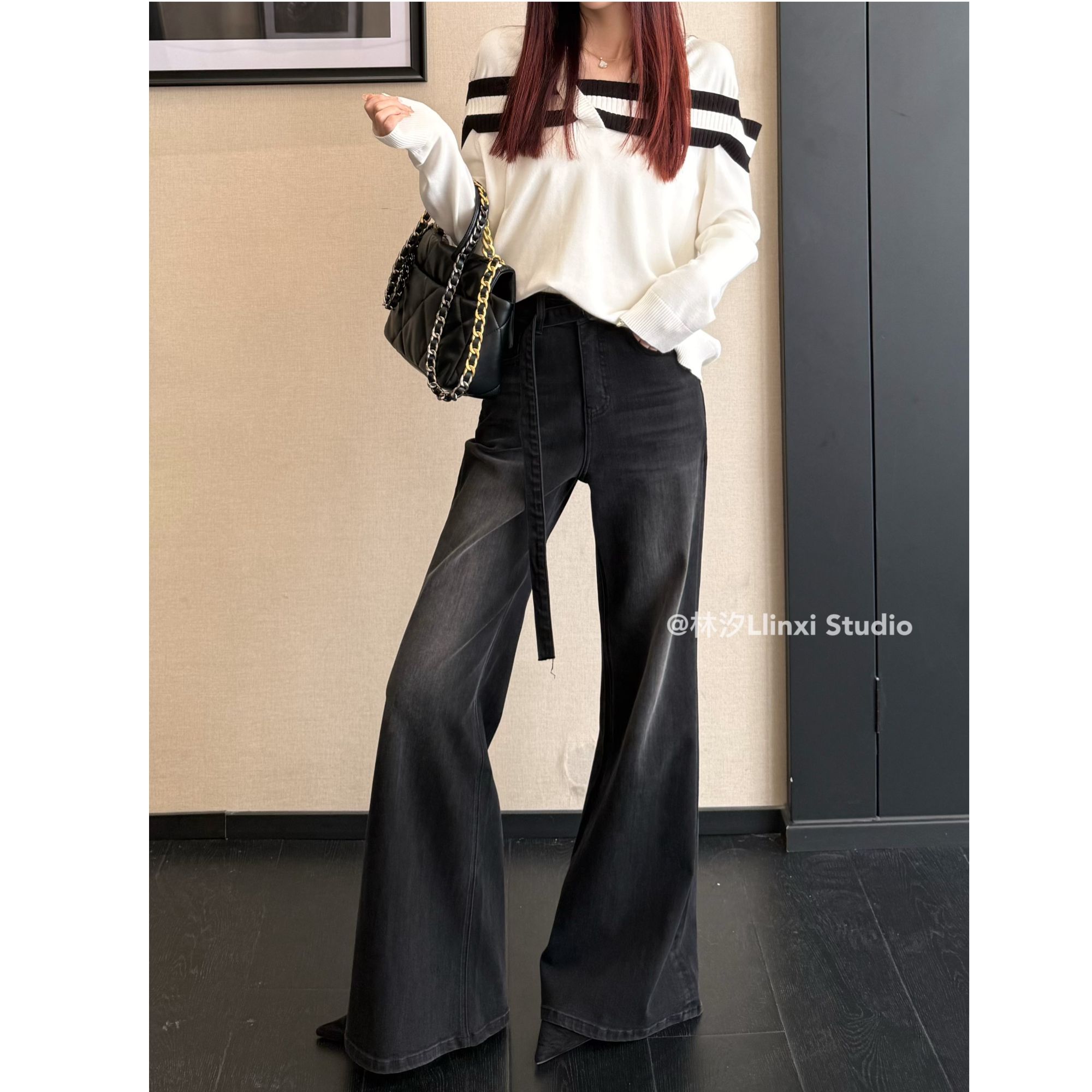 【摩登漫步】·黑灰色·四面弹穿搭高腰直筒喇叭秋冬季牛仔裤女