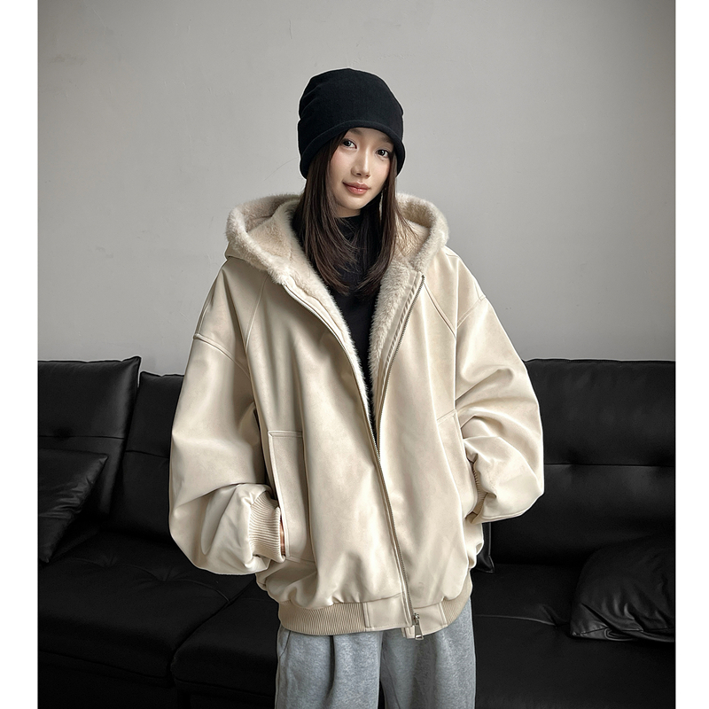 荔枝纹皮1500G连帽座山雕PU皮外套男女冬季加绒加厚皮衣毛领棉衣