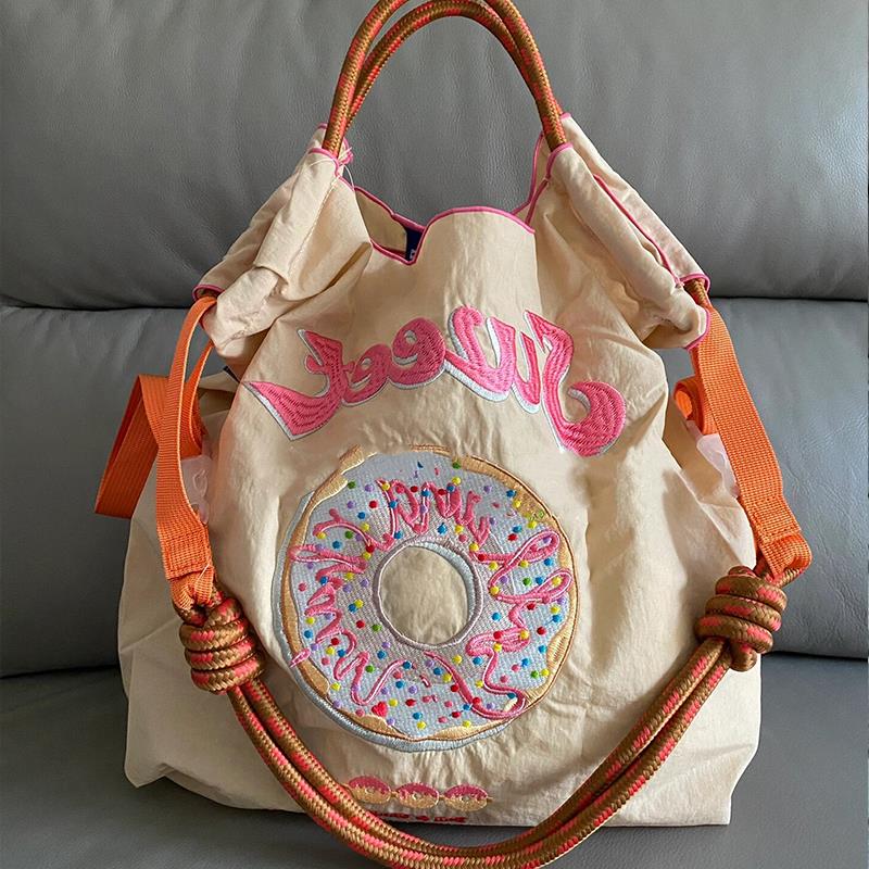 日系ball chain刺绣新款甜甜圈环保袋购物袋大容量帆布通勤斜挎包