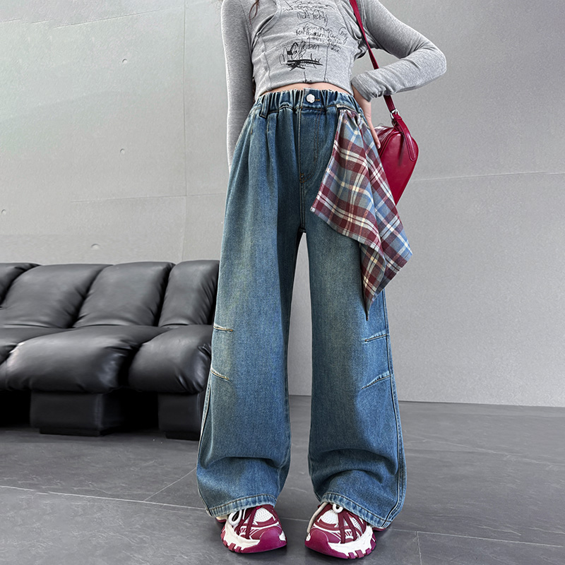 女童秋装牛仔裤2025新款儿童高腰百搭直筒裤中大童格子屁帘裤子