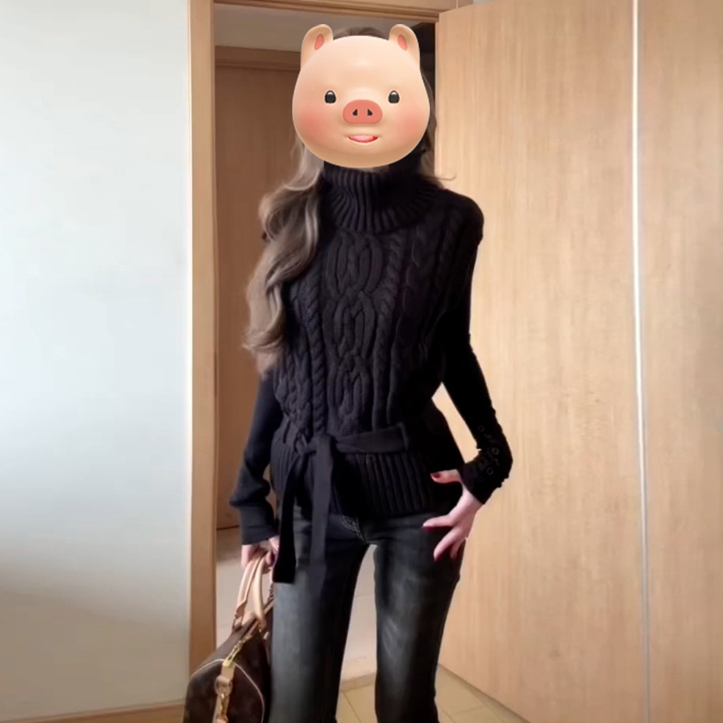 黑色高领麻花毛衣马甲背心女秋冬季内搭可外穿无袖叠穿针织衫上衣