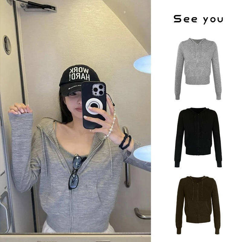 三色经典基础款软薄连帽拉链弹力针织开衫外套A1238