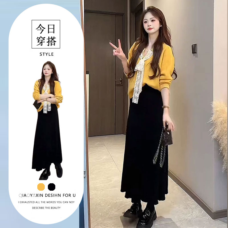 超火秋季穿搭一整套女2025新款蝴蝶结针织开衫百搭半身裙两件套